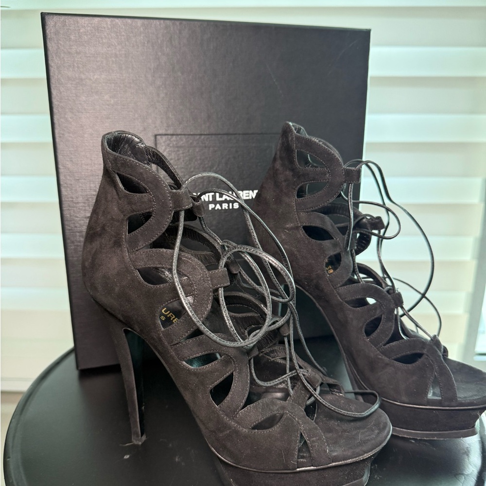 Saint Laurent Dark Suede Lace-Up Heels